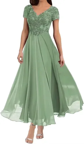 Vista 2 de Vestidos de noche formales de gasa con mangas y cuello en V para madre de la novia
