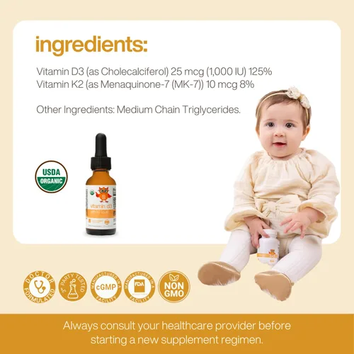 Vista 3 de Vitamina líquida orgánica D3 con K2 por la Dra. Ana Maria Temple Apoya huesos fuertes y salud inmunológica Certificado orgánico USDA Base