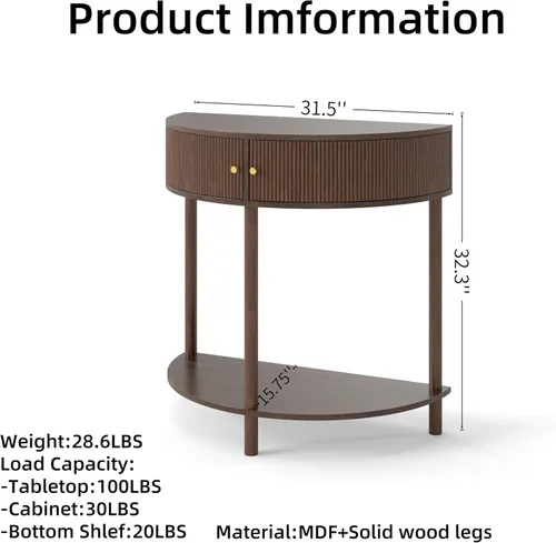 Vista 2 de Knocbel Mesa consola Half Moon con puerta con patrón de ondas, mesa auxiliar de sofá semicírculo con 2 cajones de almacenamiento y estante inferior