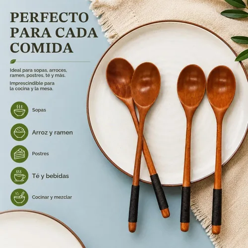 Vista 5 de 6 cucharas de madera para comer, cucharas de sopa de madera Muulaii, cuchara de mango largo con utensilio de cocina de estilo japonés para comida