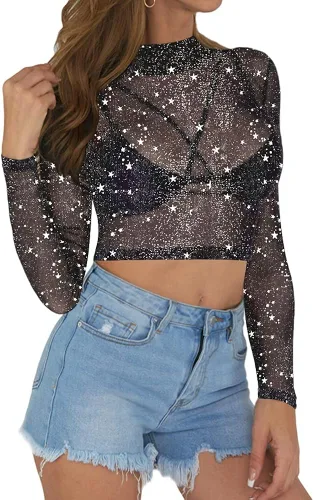 Vista 4 de MANGOPOP - Blusa corta de malla transparente para mujer, diseño de manga corta o larga