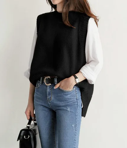 Vista 2 de PEIQI Suéter de punto para mujer, sin mangas, liso, casual, básico