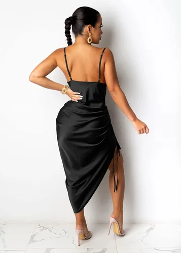 Vista 2 de PRIMODA Vestido midi de satén fruncido con tirantes delgados, espalda descubierta, abertura lateral, con cordón, para fiesta nocturna, club