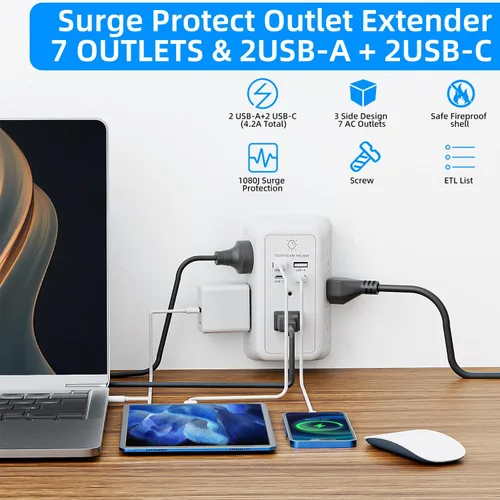 Vista 5 de Protector de sobretensiones de enchufes múltiples, extensor de 7 salidas con luz nocturna, cargador de pared USB con 2 puertos USB C y 2 puertos