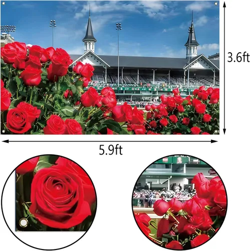 Vista 3 de Vohado Telón de fondo para cabina de fotos de Kentucky Churchill Downs 2025 con temática de carreras de caballos, decoración de pared con rosas