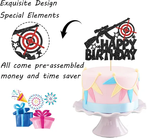 Vista 3 de Decoración para tartas de cumpleaños con temática de disparos de pistola, decoración de pastel de cumpleaños para hombre