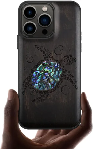 Vista 8 de Carveit Funda protectora de madera de diseñador para iPhone 13 Pro, cubierta magnética, grabado en madera e incrustaciones de concha, funda