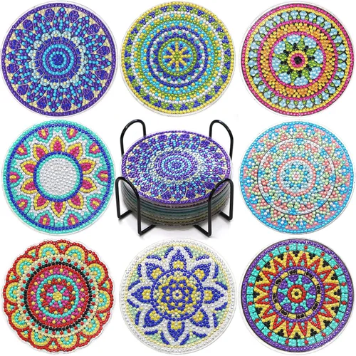Vista 9 de Kit de posavasos de arte de diamante con soporte, 8 posavasos de arte de diamante para adultos, niños, principiantes, regalos de manualidades (donas)