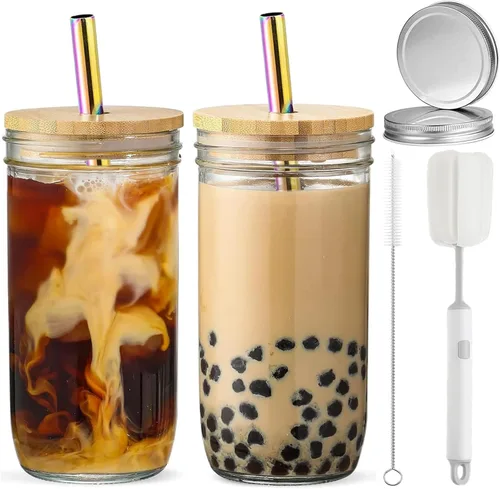 Vista 8 de 2 Vasos de Vidrio de 24 oz con Tapas de Bambú y Pajitas y 2 Tapas Herméticas, Vaso Reutilizable para Batidos Tarro Mason Vasos para Beber Vasos