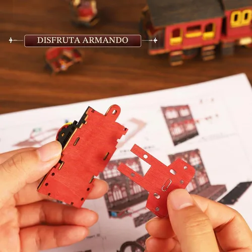 Vista 5 de Kit de rincón de libros, kit de bricolaje en miniatura de casa de muñecas con tren de vapor, rompecabezas de madera 3D para colgar libros con LED