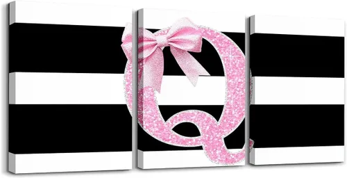 Vista 2 de Erosebridal Lienzo decorativo con monograma de 12 x 16 pulgadas, diseño de letra inicial de lazo rosa, decoración de pared, rayas blancas y negras