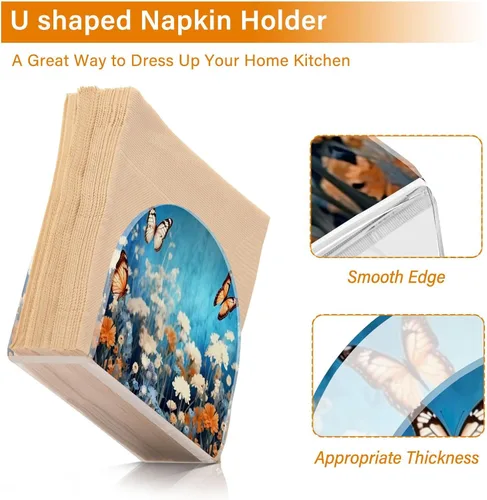 Vista 4 de Servilleteros de flores moradas con mariposas para mesas, servilleteros de acrílico transparente, servilleteros de cóctel para cocina, restaurante