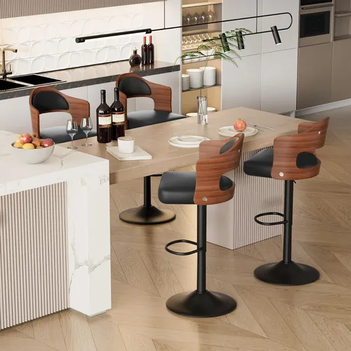 Vista 14 de Juego de 2 taburetes de bar giratorios, taburetes de bar de madera tapizados en cuero PU con respaldo y reposapiés, asiento de altura ajustable