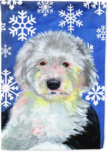 Vista 174 de Caroline's Treasures SC9374GF Bulldog English Snow flakes Holiday Garden Flag Buzón Bandera decorativa para patio exterior, patio, obras de arte