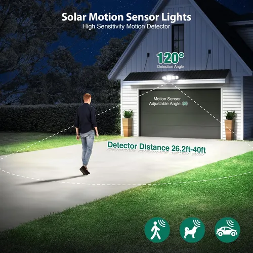 Vista 7 de Luces solares para exteriores, 4000LM con 5 cabezas, sensor de movimiento, 236 LEDs, 3 modos, luces de pared de seguridad IP65 impermeables, luces