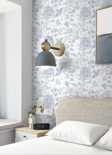 Vista 4 de Papel tapiz azul para despegar y pegar, papel de pared floral bordado bohemio, papel de contacto para dormitorio, baño, papel tapiz azul marino