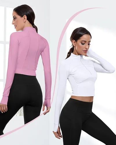 Vista 3 de Neer Paquete de 2 chaquetas de manga larga para mujer, con cremallera de 12, ombligueras de yoga, ajustadas, para correr, con agujeros para el pulgar