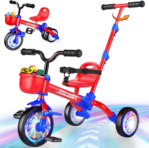 Vista 9 de Kkdi Bicicleta 5 en 1 para niños de 1 a 3 años, triciclo rosa con mango