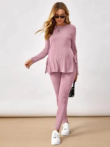 Vista 3 de OYOANGLE Conjunto de camiseta de maternidad con cuello redondo y nudo lateral para mujer