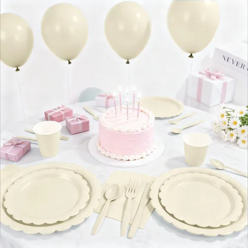 Vista 4 de 176 platos y servilletas color marfil, platos festoneados beige, servilletas, vasos, cubiertos, mantel para baby shower, boda, decoración de fiesta