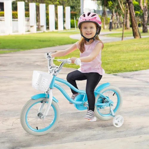 Vista 8 de COSTWAY Bicicleta para niños de 12, 14, 16, 18 pulgadas, bicicleta para niños con ruedas de entrenamiento, frenos de mano y posavasos, sillín