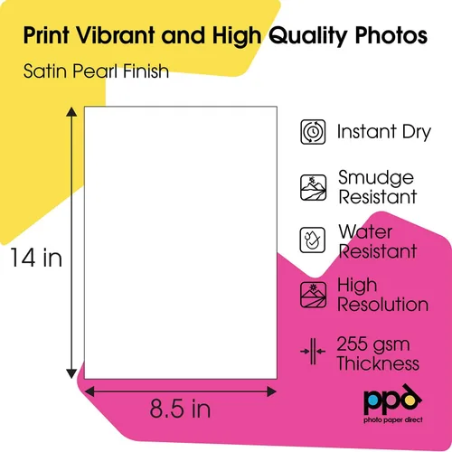 Vista 7 de PPD Papel fotográfico satinado para impresora de inyección de tinta, acabado brillante perla de alta calidad, hojas de tamaño 8.5 x 14 para fotos