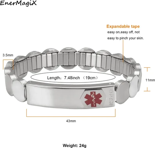 Vista 2 de Pulseras de identificación de alerta médica para mujer, pulsera elástica ajustable de emergencia de acero inoxidable plateado de 7.48 pulgadas