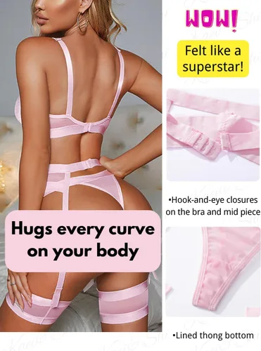 Vista 152 de Kaei&Shi - Lencería con liguero para mujer, conjunto de encaje traslúcido y sexy de 4 piezas combinadas
