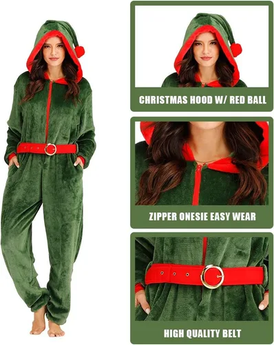 Vista 4 de ReneeCho Disfraz de elfo para mujer, disfraz de Navidad, pijama de elfo verde, traje de vacaciones, Verde