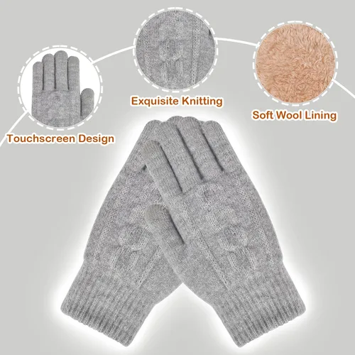 Vista 3 de Conjunto de guantes de gorro holgado para mujer, tejido de invierno, cálido, forro polar con bonito pompón