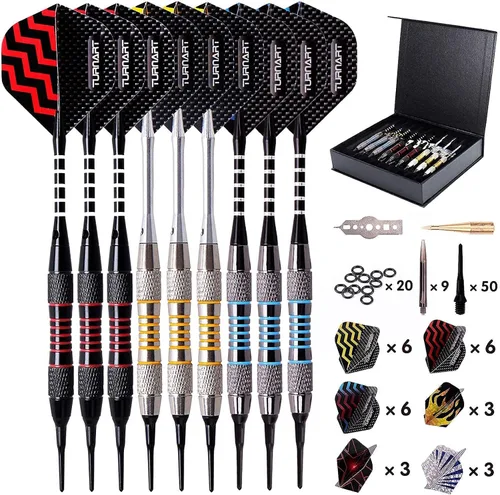 Vista 2 de Juego de dardos de punta de plástico profesional de punta suave para diana electrónica 9 piezas 0.63 oz con 50 puntas adicionales, 9 ejes, 27
