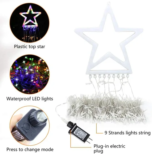 Vista 3 de Luces de estrella para decoración de Navidad al aire libre, 320 LED, 16.4 pies, luces de cadena para árbol de Navidad con topper de estrella