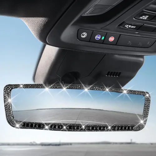 Vista 4 de AUCELI Espejo retrovisor para automóvil, espejo retrovisor interior con diamantes de imitación brillantes con vidrio HD, espejo retrovisor con clip