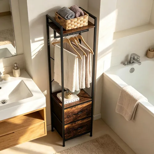 Vista 6 de Perchero de ropa resistente con cajón de tela y estantes de almacenamiento Brown+black