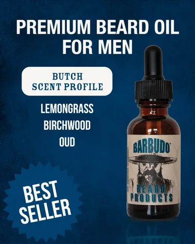 Vista 2 de Aceite para barba (Butch: Birchwood, Oud y Lemongrass) Made in USA with moringa, argan, and jojoba oils. Moisturizes & nourishes dry, flaky skin