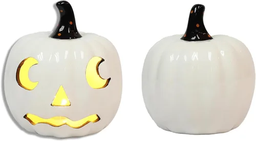 Vista 5 de Midnight Manor Halloween LED iluminado cerámica Jack O Lantern batería incluida (blanco)