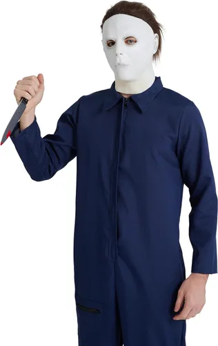 Vista 6 de Maxim Party Supplies Disfraz de terror de lujo para hombre, incluye mono, máscara espeluznante con pelo, cuchillo de juguete para cosplay, Halloween