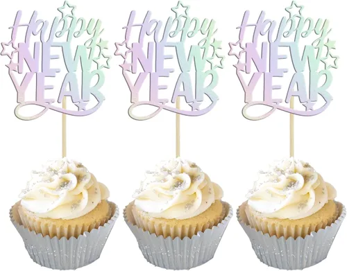 Vista 13 de 24 piezas de adornos para cupcakes de Feliz Año Nuevo 2026 de oro con purpurina, celebra el 2026, adornos de cupcakes para la víspera de Año Nuevo