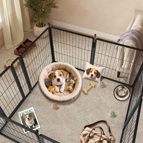 Vista 2 de Corralito para perros de 24 pulgadas, 8 paneles para uso en interiores y exteriores, valla de metal resistente para mascotas con estacas de tierra