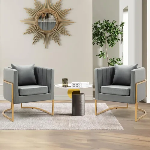 Vista 28 de Silla moderna de cuero, sillón tapizado de mediados de siglo con almohada para sala de estar, cómoda silla de tocador individual con patas doradas