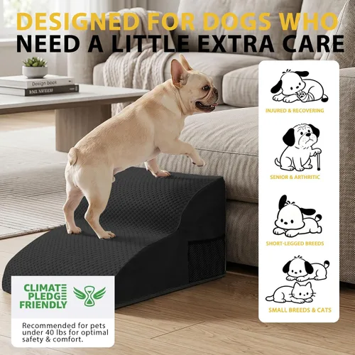 Vista 3 de 2-Step Dog Stairs for Small Dogs, Non-Slip Foam Pet Steps for Low Couch Bed Negro