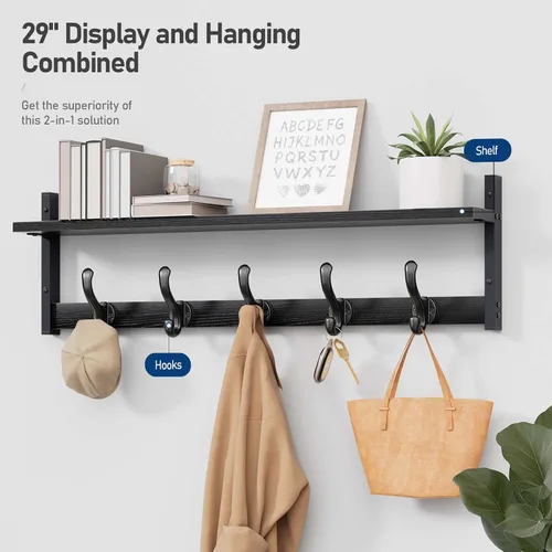 Vista 2 de Tatub Perchero rústico de 29 pulgadas con estante, ganchos de pared de entrada con estante, perchas para baño, sala de estar, dormitorio, negro