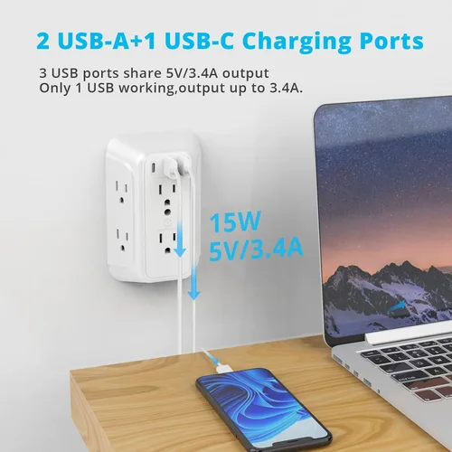Vista 3 de Cargador de pared, protector de sobretensiones, extensor de 6 tomas de corriente con 3 puertos de carga USB (1 USB C, 3.4 A), regleta