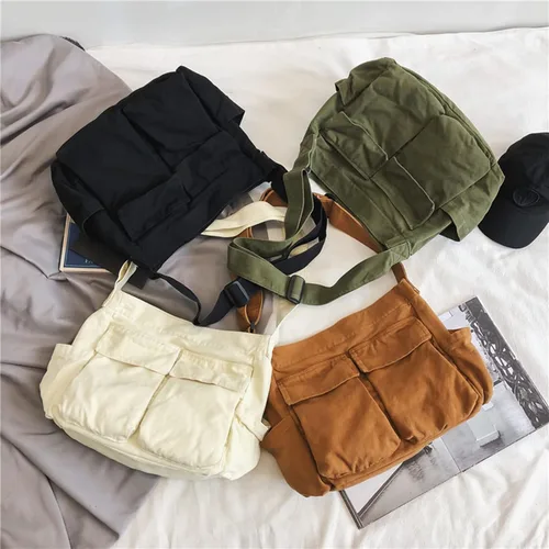 Vista 9 de Bolso mensajero de lona grande, bolso cruzado tipo hobo para mujeres y hombres, bolsa de hombro con múltiples bolsillos, bolsa de mensajero de lona