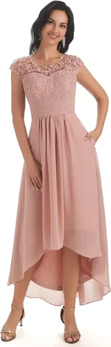 Vista 3 de Huaxiafan Vestidos de madre de la novia para boda cuello redondo mangas casquillo una línea de encaje gasa vestido formal alto bajo