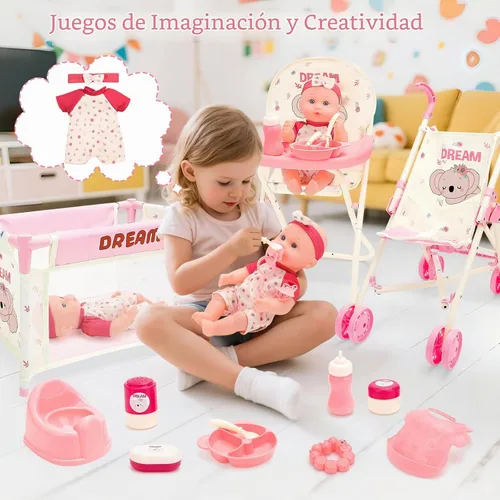 Vista 6 de deAO Juguetes de Cochecito de Muñeca Bebé con Muñeca Bebé de 12" Accesorios Cama de Cuna Silla Alta Conjunto de Juego de Roles de Guardería Tapete
