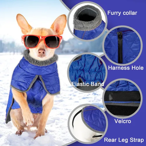 Vista 5 de Fragralley Abrigo de invierno para perro, chaqueta de forro polar reflectante impermeable y resistente al viento con agujero para arnés, chaleco