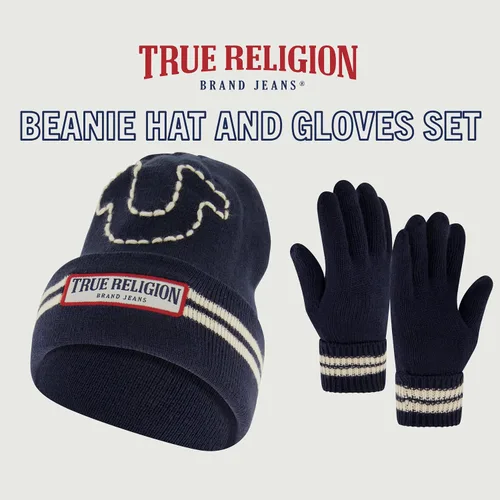 Vista 2 de True Religion Beanie Hat and Gloves Set, Cuffed Winter Knit Cap with Stitched Yarn Horseshoe Logo and Fleece Lined Mittens