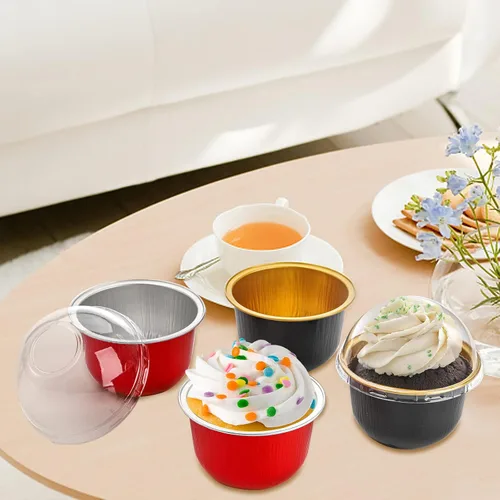 Vista 9 de Hacaroa 100 tazas de papel de aluminio para hornear con tapas de cúpula, forros desechables para cupcakes de 6 onzas, recipientes reutilizables
