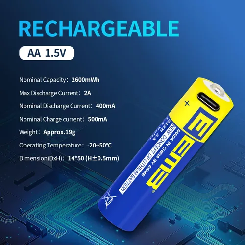 Vista 2 de EEMB Paquete de 12 baterías AA recargables AA de 1.5 V, baterías de litio AA USB 4 en 1 USB tipo C, batería de repuesto de cable de carga de 2600